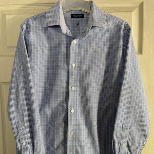 Nautica Men’s Medium (15½ 32/33) Dress Shirt Blue Micro‑Check Classic Fit